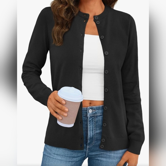 Black Lightweight Cardigan Sweater Button Down Long Sleeve Jacket - Picture 2 of 5